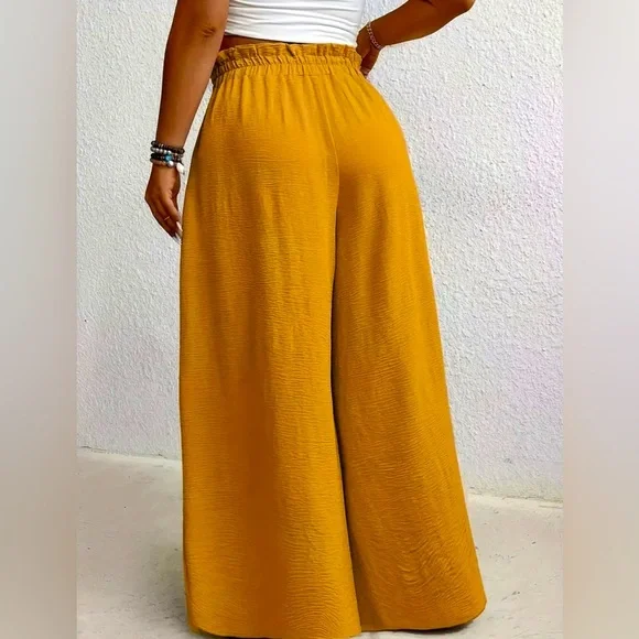 Golden Yellow Wide-Leg Elastic High Waist Pants - Picture 3 of 3